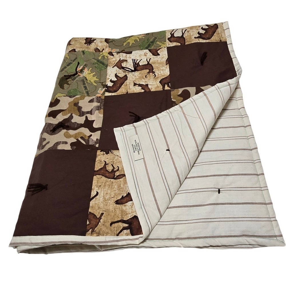 New Handmade Quilted Blanket Patchwork Camo Deer Fox Fish Nature Print /0186
